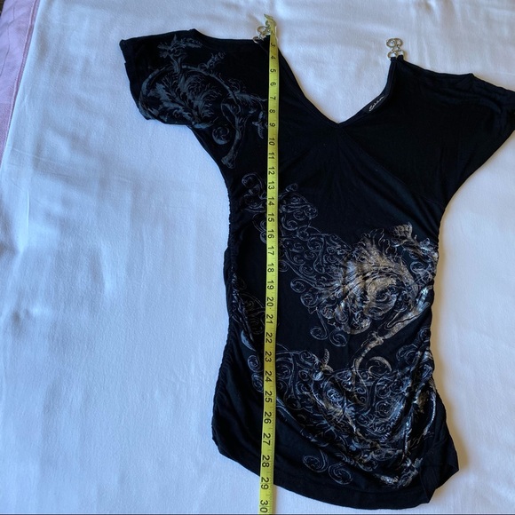 Black silver print dress/tunic with chain straps off shoulder in size small. - Picture 3 of 10